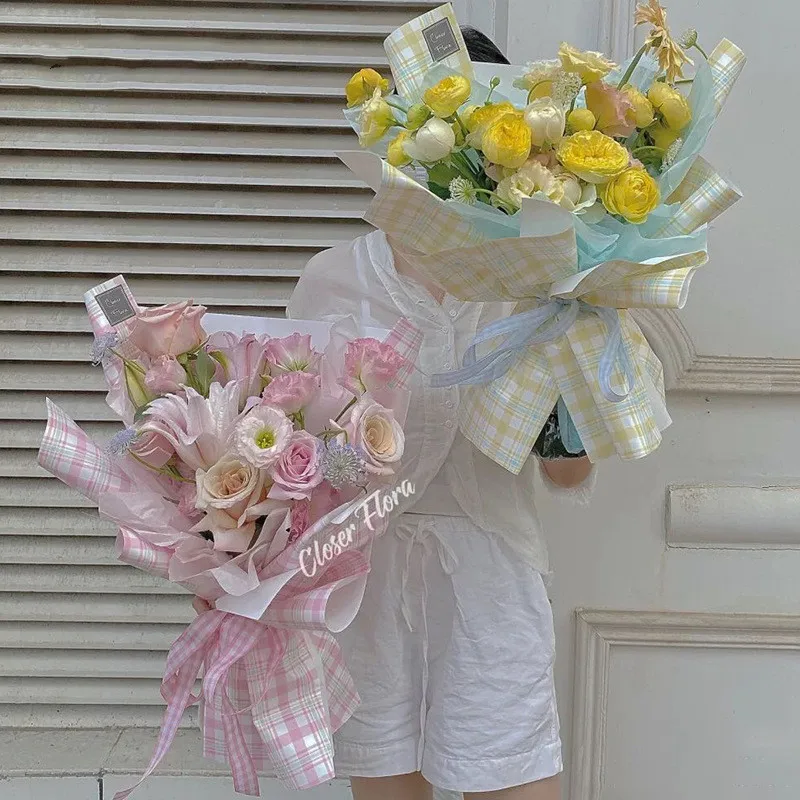 LONGSUN Two-color plaid wrapping paper small fresh plaid wrapping paper flower bouquet packaging material