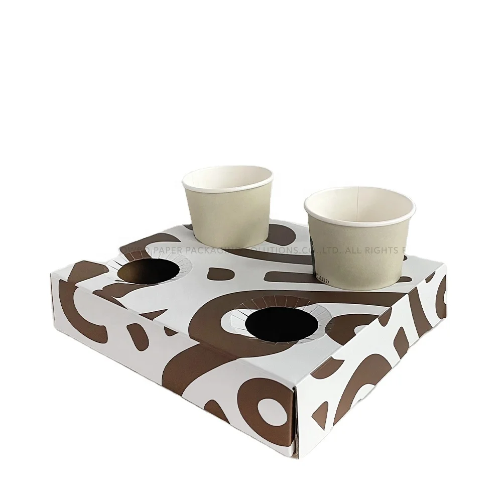 Brown&White Cow Patterned Laminated Cardboard Flight 4 Cup Holder Tray Beverage Carriers Carrier for Take Away Paper