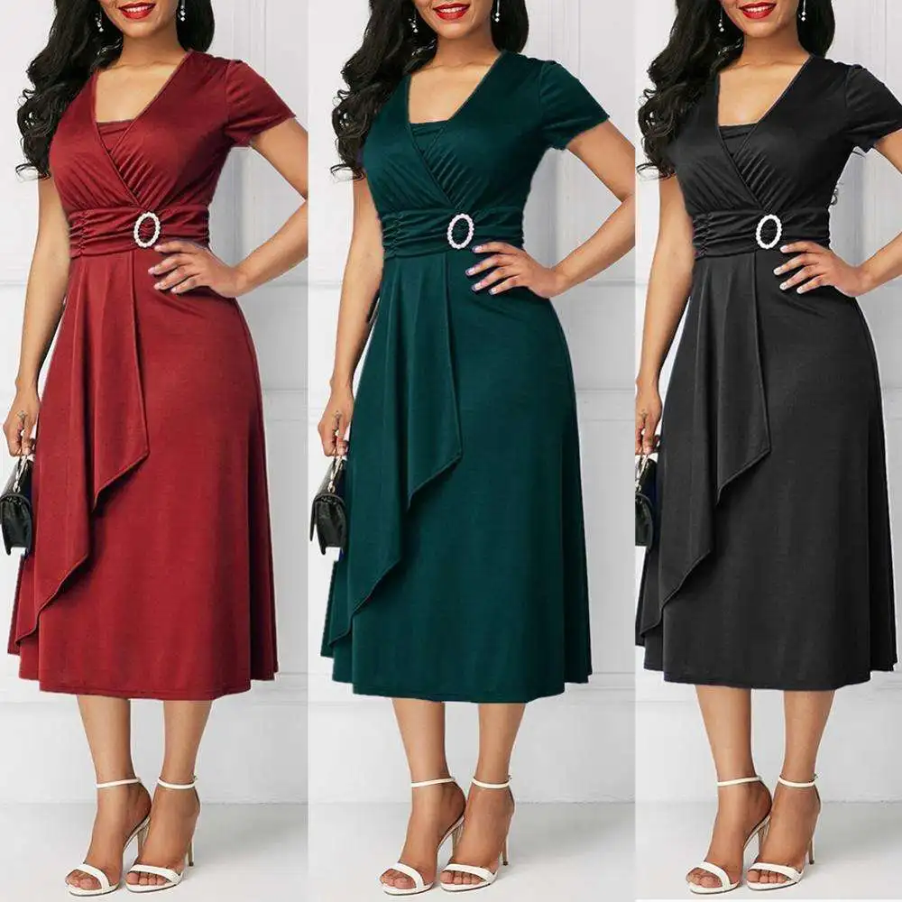 2023 Plus Size Maxi Elegant Women Career Dresses Short Sleeve Hem Waist Tight Midi Party Dress Ladies Evening Vestidos