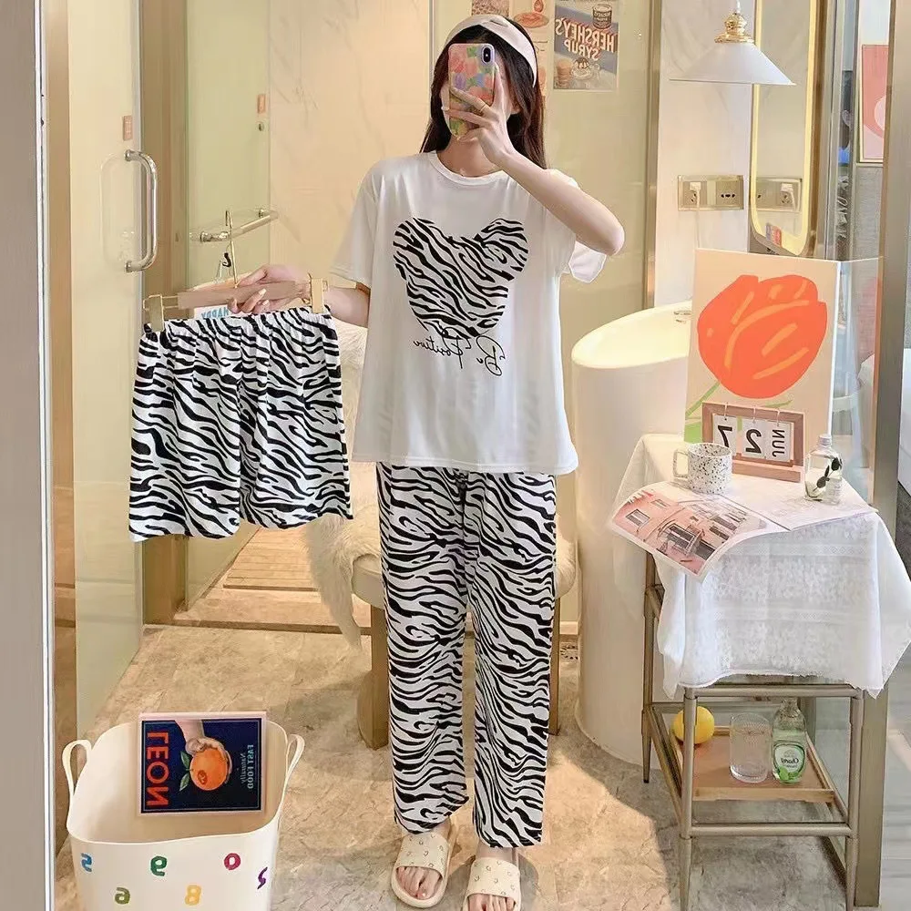 Tik Tok live spring/summer milk silk short-sleeved pajamas cartoon thin three-piece home wear pajamas casual Korean version set