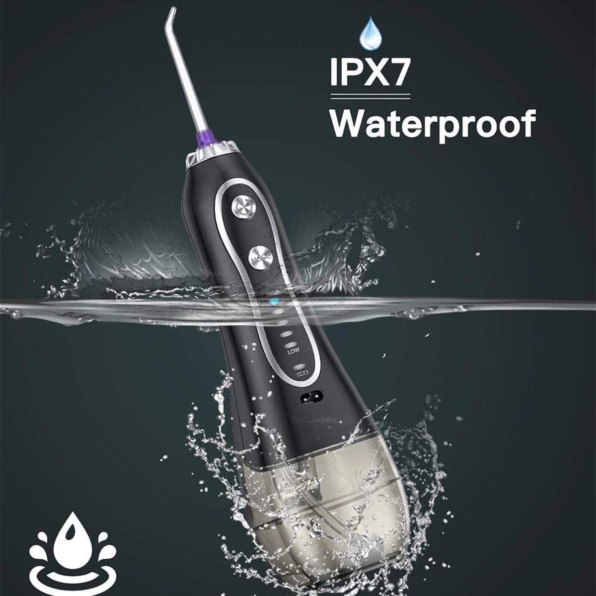 H2ofloss Portable 2500mAh Black Electric IPX7 Waterproof Dental Flosser 300ml Water Teeth Cleaner