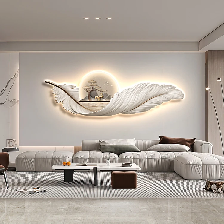 Modern Living Room Decorative Painting Feather Hanging Painting With Led Light Painting Sofa Background Wall Mural