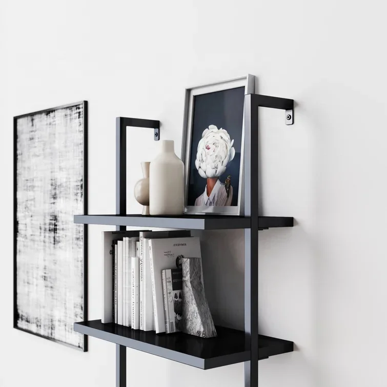 Hot selling modern 5-Shelf Oak Wood Modern Bookcase Open Wall Mount Ladder Bookshelf with Industrial Black Metal Frame