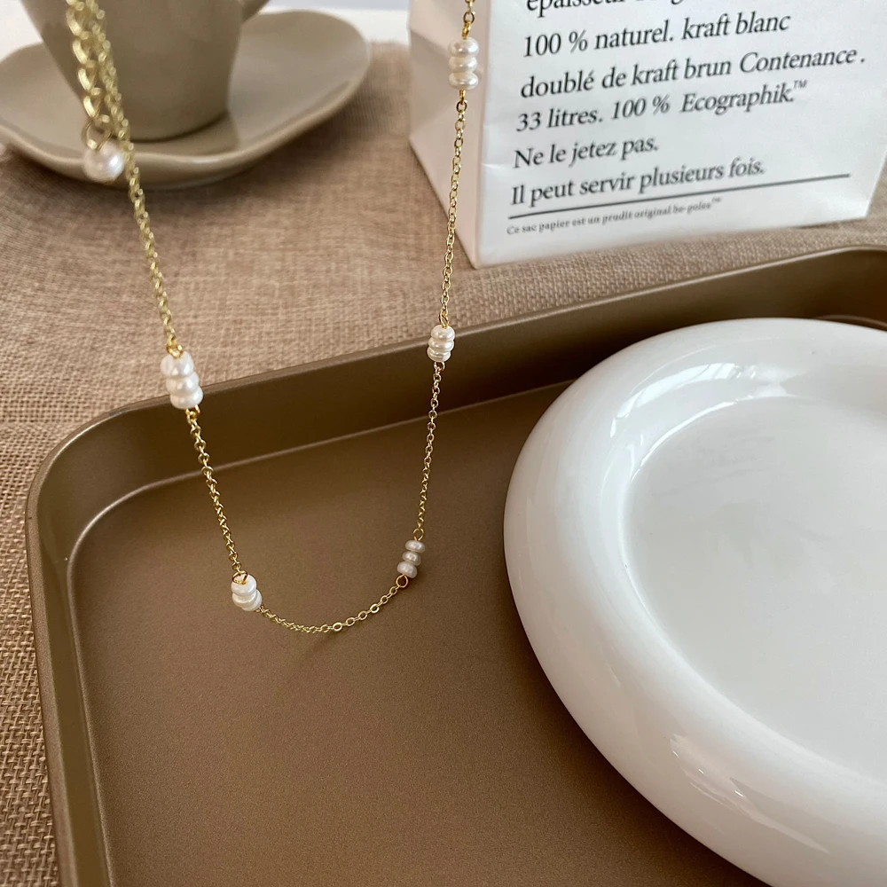 Vershal B-265 Korean Style 18K Gold Plated Link Chain Necklace Freshwater Pearl Necklace Women