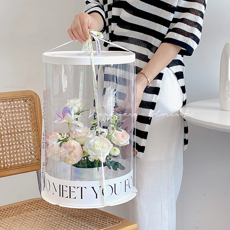 Clear big tall flower floral paper round foldable hat box cylinder round black white for flower bouquet arrangement delivery