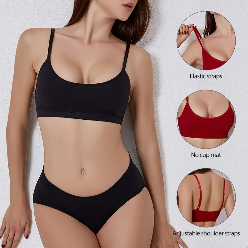 Customized Logo Wireless Sport Bra Set Non-adjusted Straps lingerie Seamless bra & brief sets