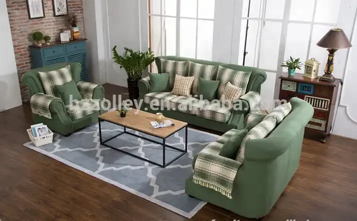American Style Fabric Living Room Sofa 1+2+3 Seaters Green Plaid Sofa Set
