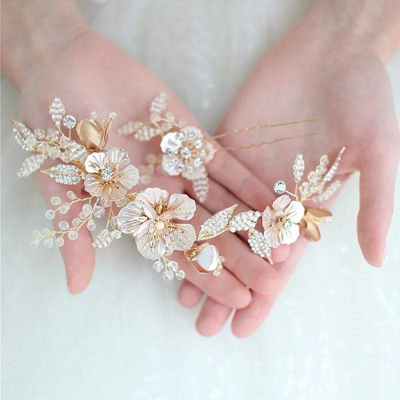 Wholesale high quality metal flowers crystal beaded leaf bridal hair pieces