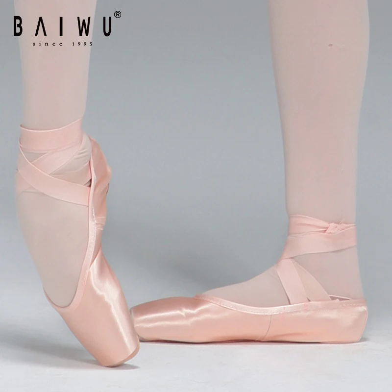 06B5B101 Baiwu Quality Genuine Leather Sole Satin Soft Pink Training Performance Dance Shoes For Women Girls Pointe Ballet Shoes
