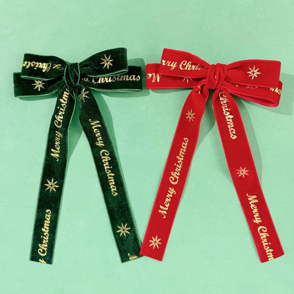 Wholesale Custom Printed Christmas Velvet Hair Bows Red Ribbon Bow Clip Long Tail Hair Accessories for Women Girl Kids Baby