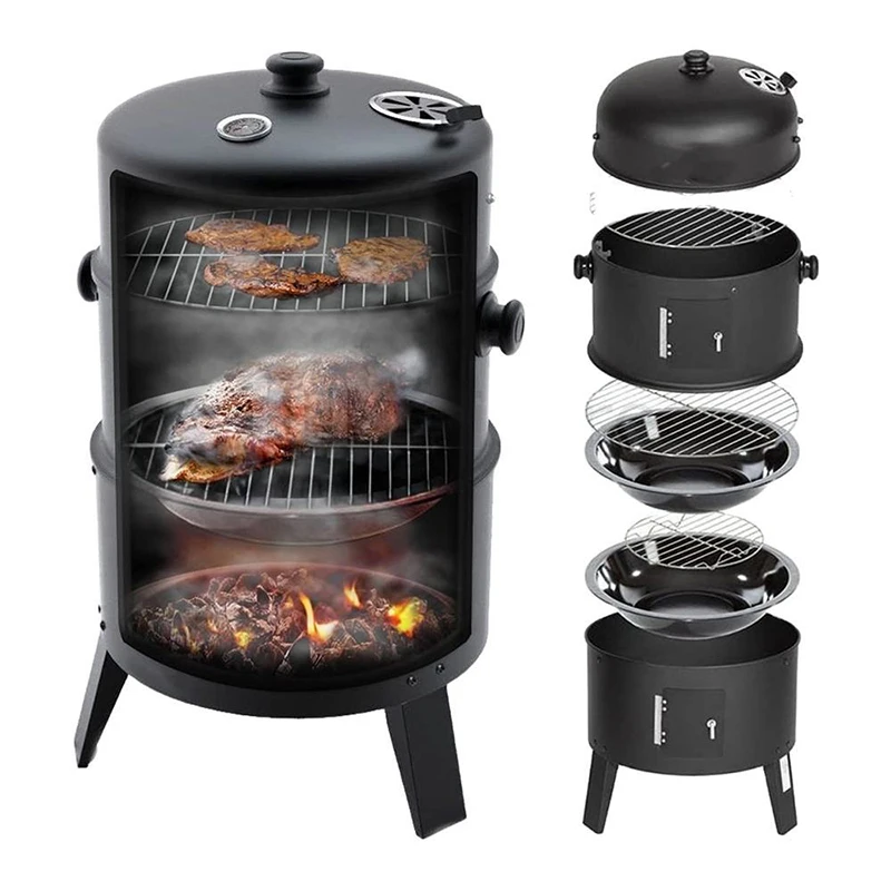 3 In 1 Grill Smoker 3 Layers Tower Grill Smoker Vertical Barrel Charcoal Barbecue Grill Smoker Charcoal BBQ