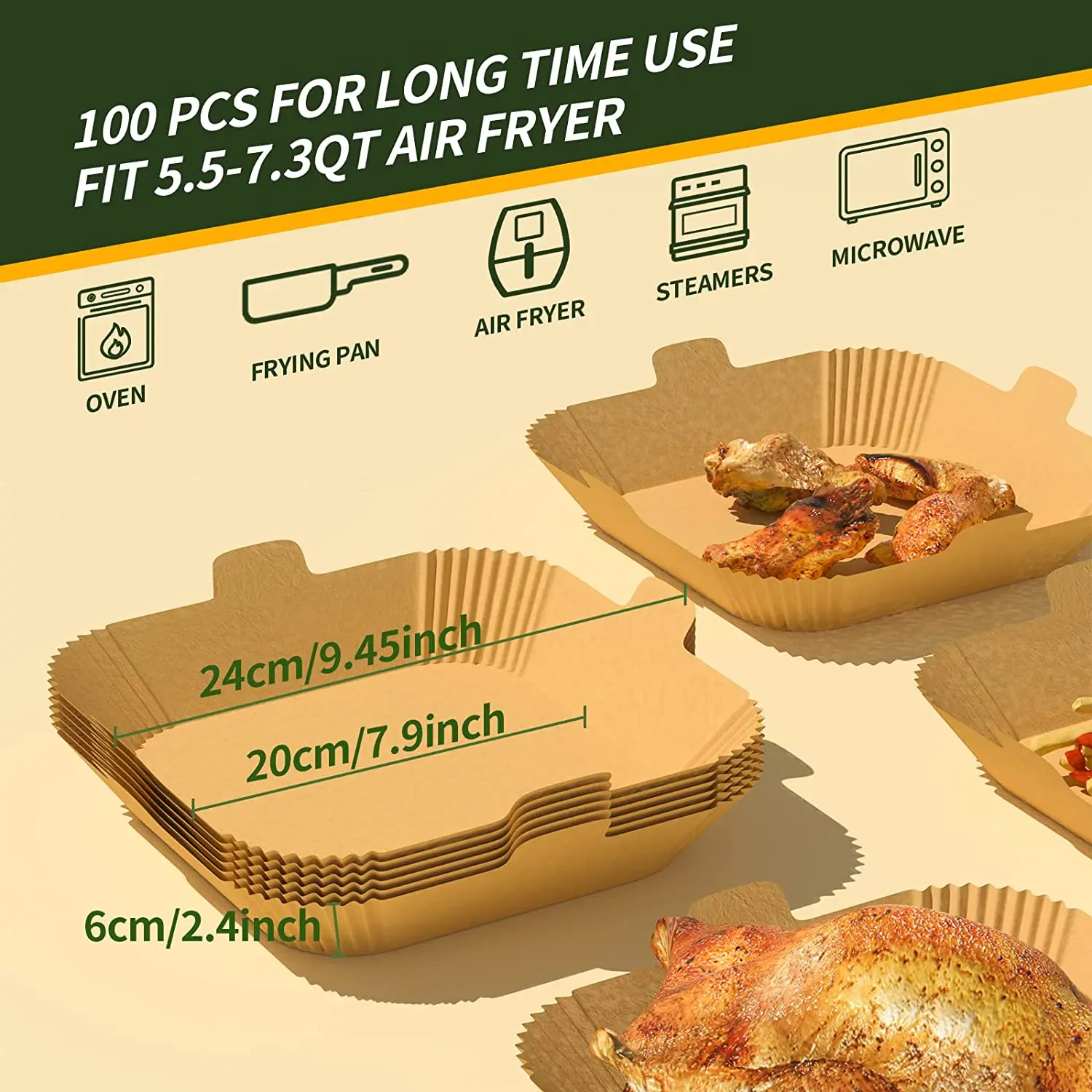 100Pcs Air Fryer Disposable Paper Liner 7.9 Inch Non-stick Square Air Fryer Parchment Paper for Microwave Oven Baking Roasting
