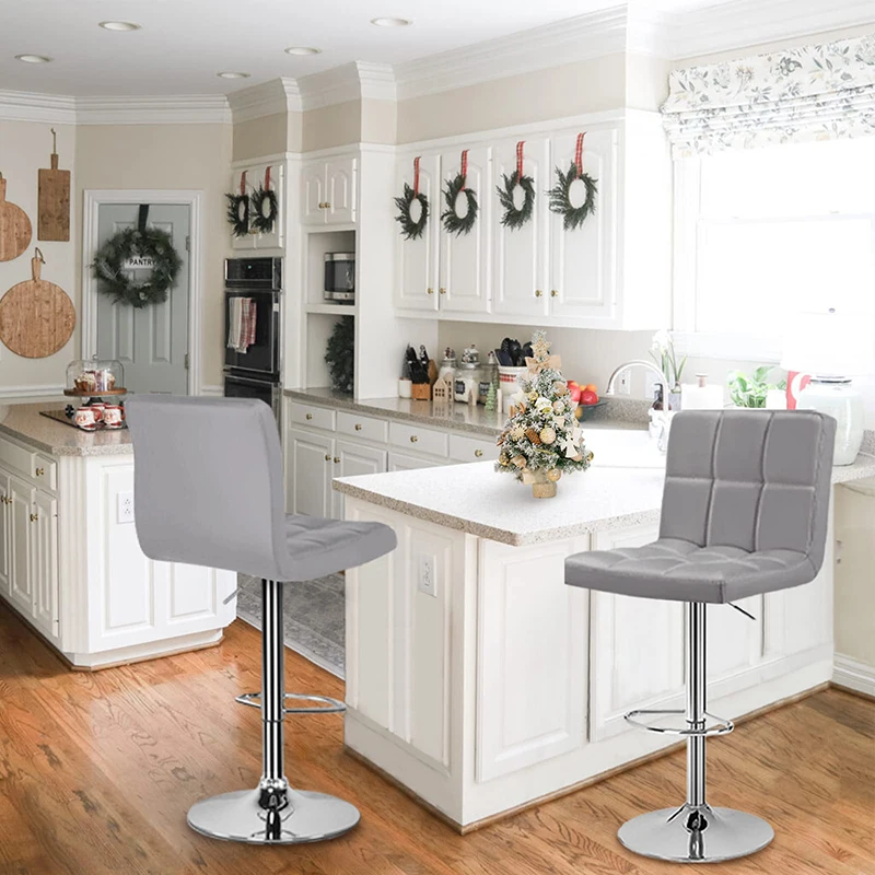 Modern High Bar Stool Chair Counter Height  Square Pu Leather Adjustable Swivel Gray Bar Stools With Back