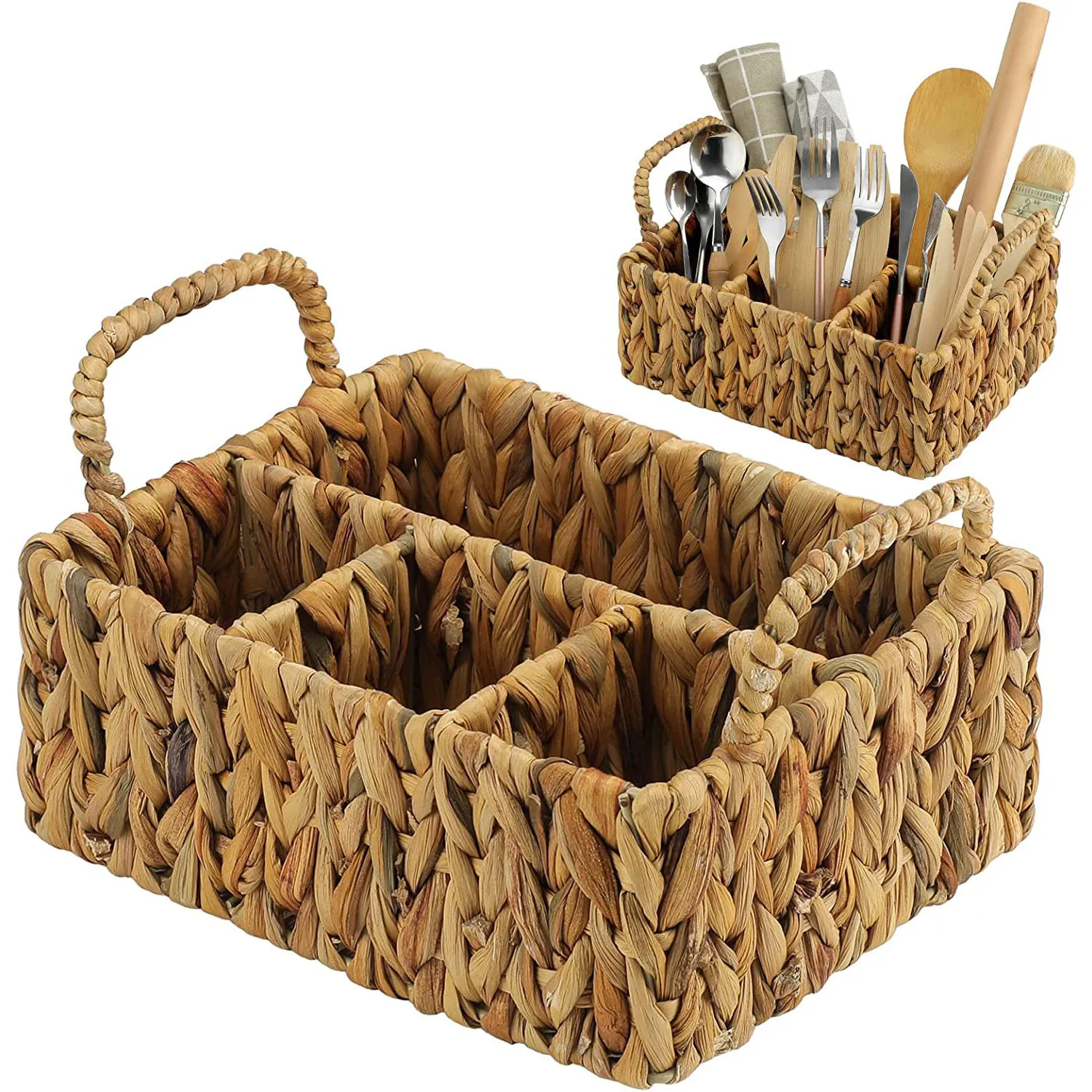 Multiple partitions cutlery organizer with handle kitchen utensils storage basket stand handmade woven storage basket organizers