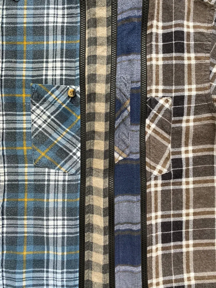 Custom needles 7 cuts zipped flannel oversized shirt for men wholesale reconstructed plaid vintage tops