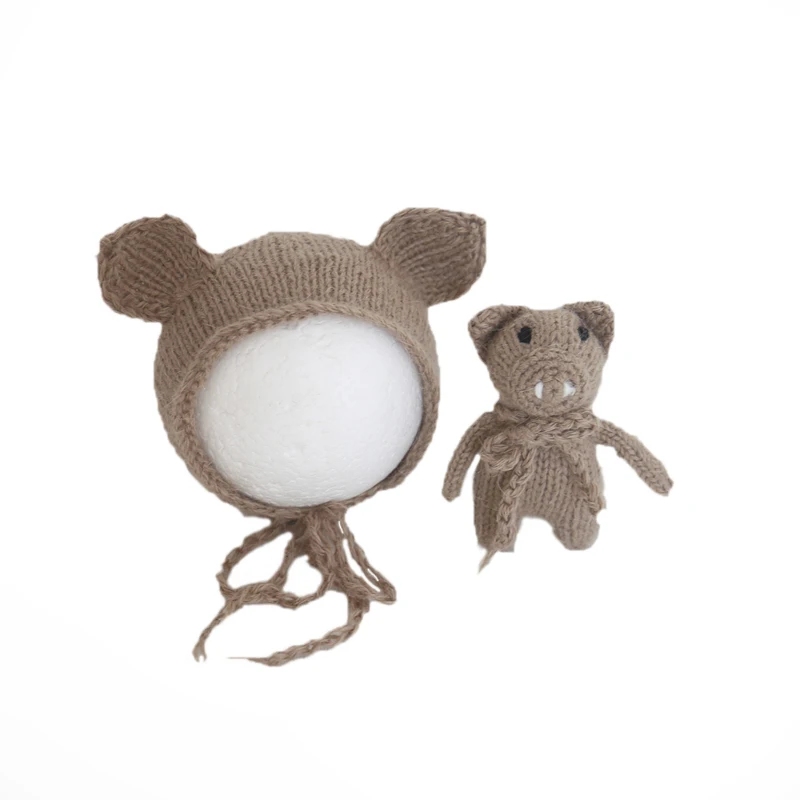 Angora Newborn photography Props Set Handknitted Teddy Bear Bonnet Stuffer Animal Toy Baby Fluffy Set Photo Props