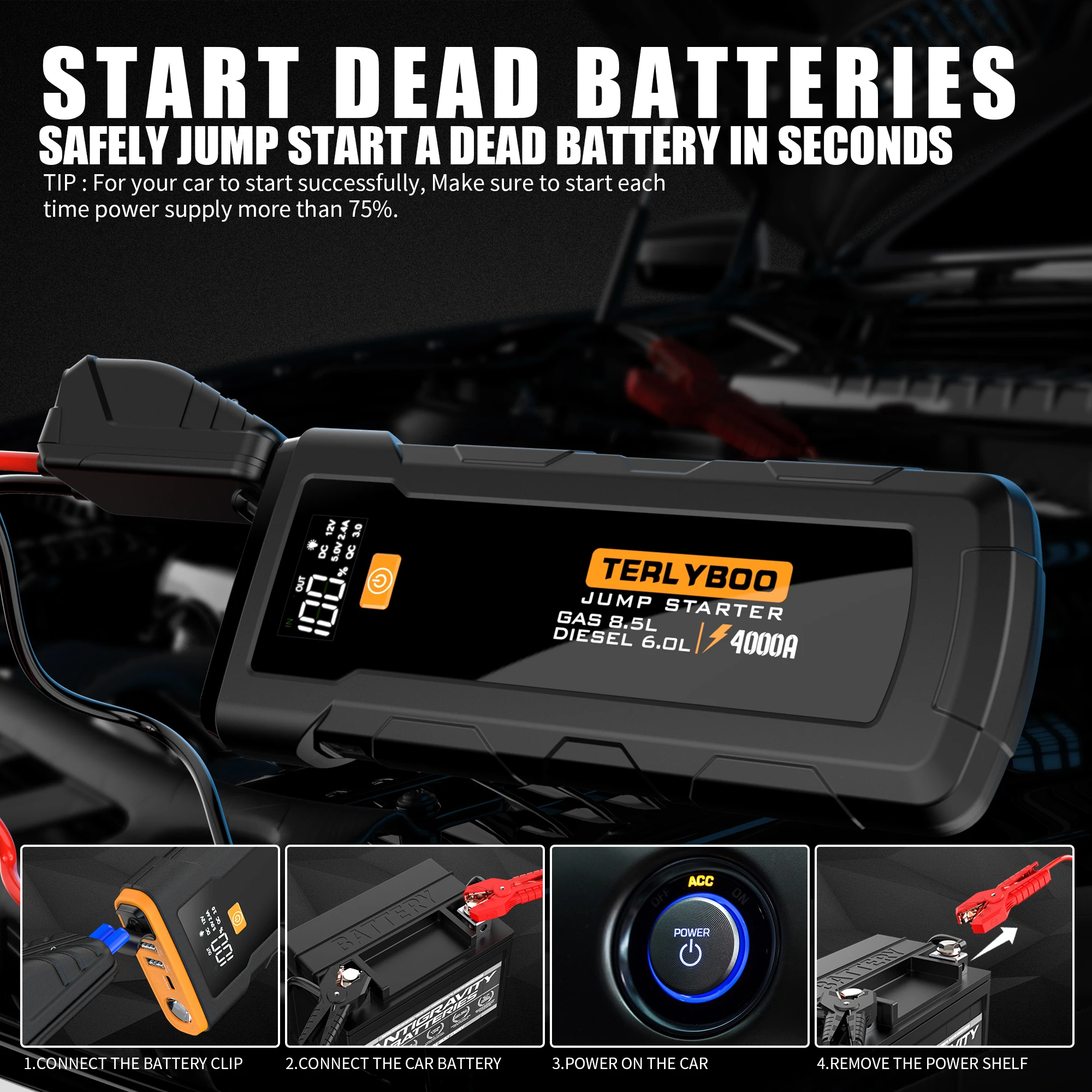 Real Capacity Portable car jump start 24000mAh 4000a peak current battery jump starter car jump starter power bank for 8.5L cars