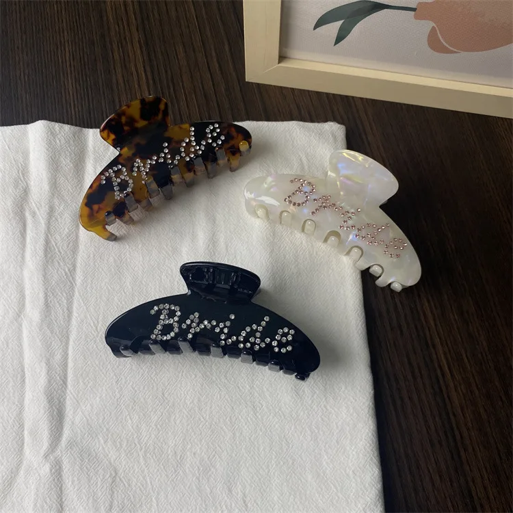 YJL hot sale acetate hair claw 10CM popular rhinestone letters bride acetate hair claw custom logo wholesale hair claw clips