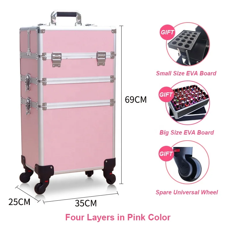 Yaeshii 4 in 1 Aluminum Rolling Cosmetic Makeup Train Cases Trolley Professional Artist Train Case Organizer Box