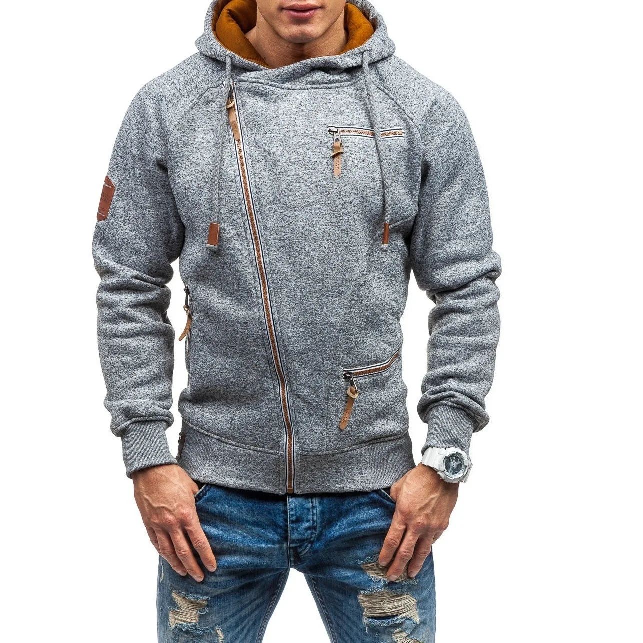 Gulidd Casual Solid Long Sleeve Mens Hoodies Sweatshirts Slim Zipper Hoody Sweatshirt Men Hooded Streetwear