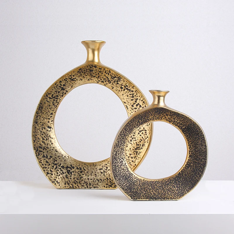 Europe Nordic Round Hollow Gold Decorative Vases Centerpiece Tabletop Small Mouth Gold Circular Ceramic Flower Vase