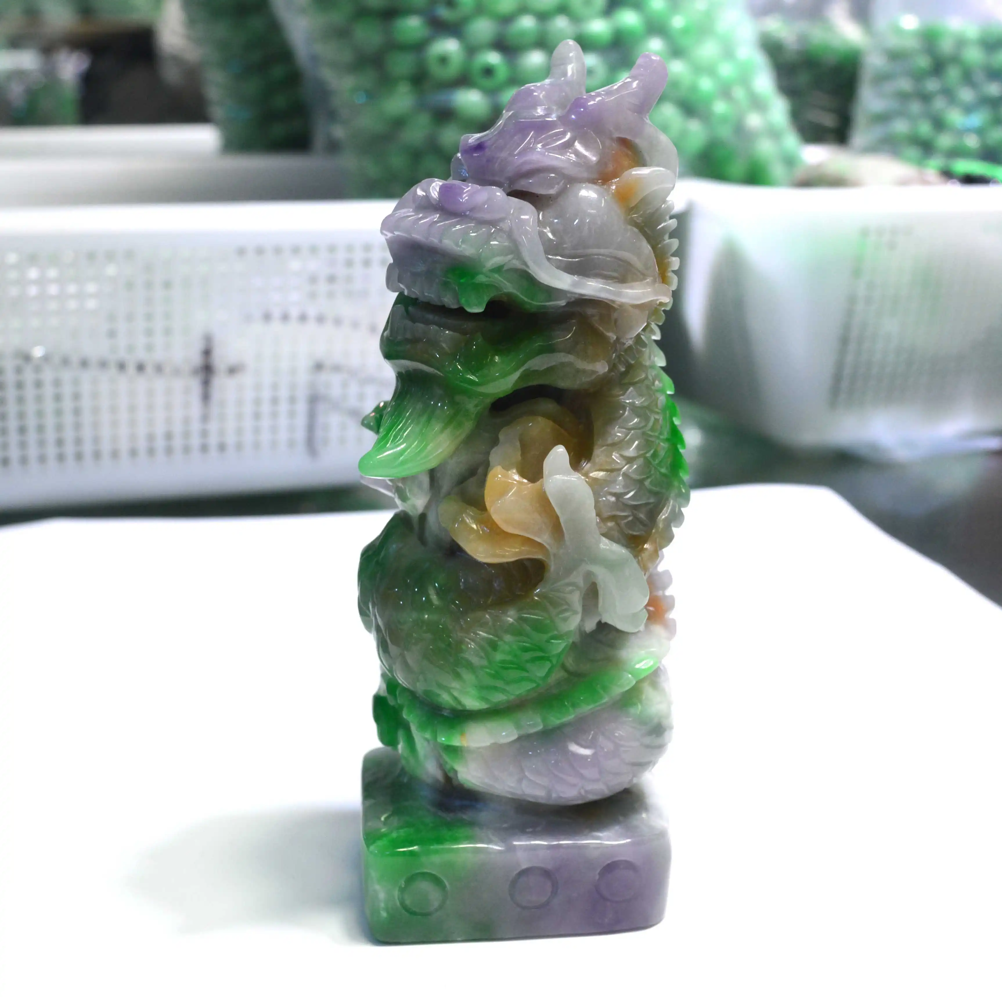 Natural Hand Carved Energy Green Jade Jasper Jadeite Small Spiral Dragon Chinese Traditional Home Decoration Feng Shui Craft