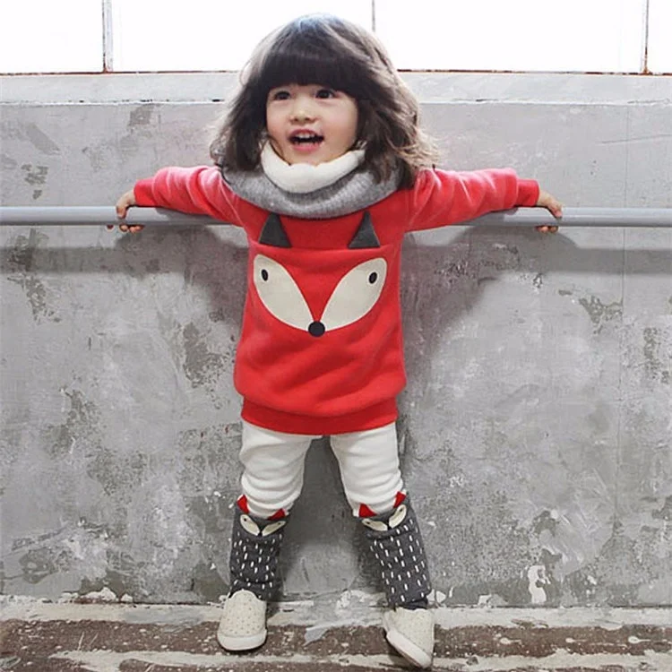 Cute Cartoon Fox Long Sleeves Fleece Winter Toddlers Girls Clothing Sets 5-6 Years Old Casual Sweatshirt and Leggings Outfits