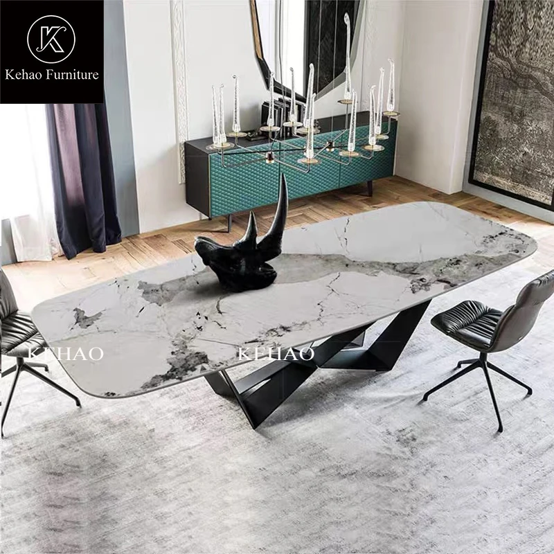 Italian Minimalistic Luxury Modern Dining Room Table Rectangular White Marble Dining Table Set Sintered Stone Top Dining Table