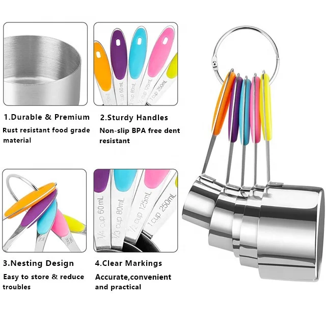 Kitchen Accessories 304/430 Stainless Steel Measuring Cups and Spoons 10 Pcs Set With Silicone Handle Measuring Cups and Spoons