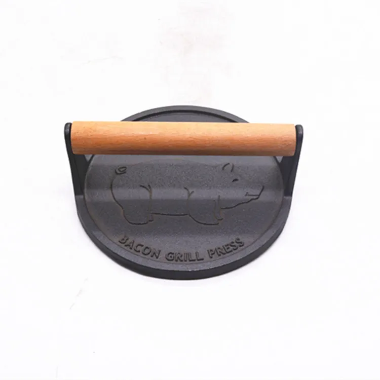 Wooden handle pre-seasoned oil coating rectangle cast iron bacon press