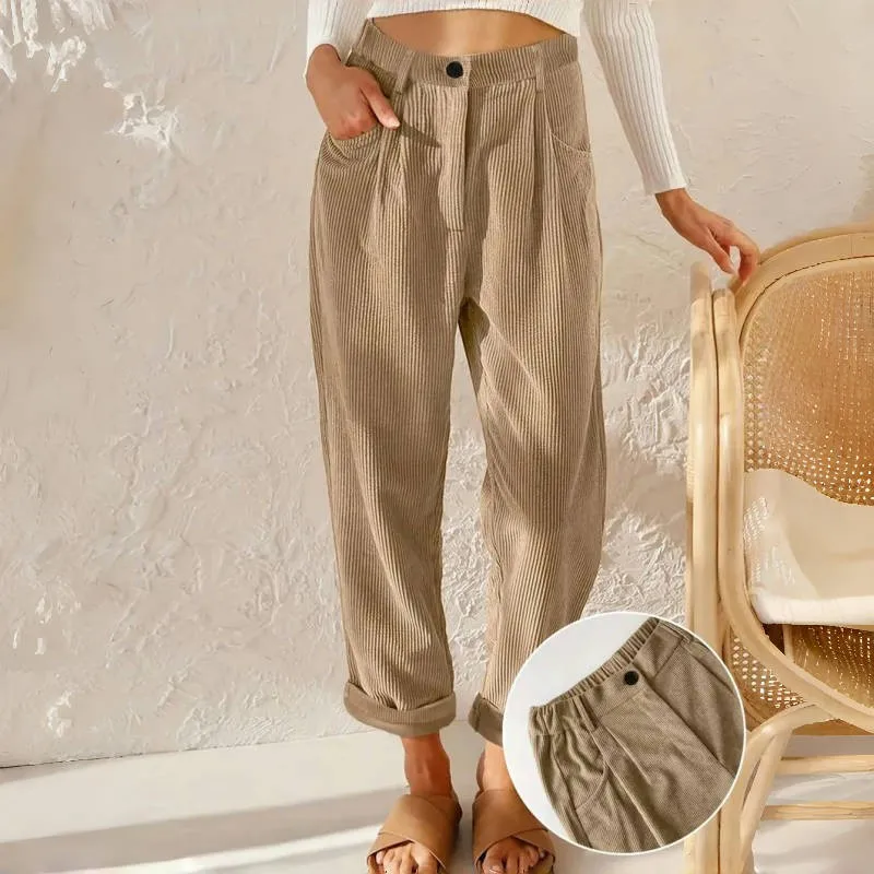 Autumn New Women Casual Loose Pants Trendy Button Korean Trousers Ladies High-Waisted Corduroy Straight Leg Pants
