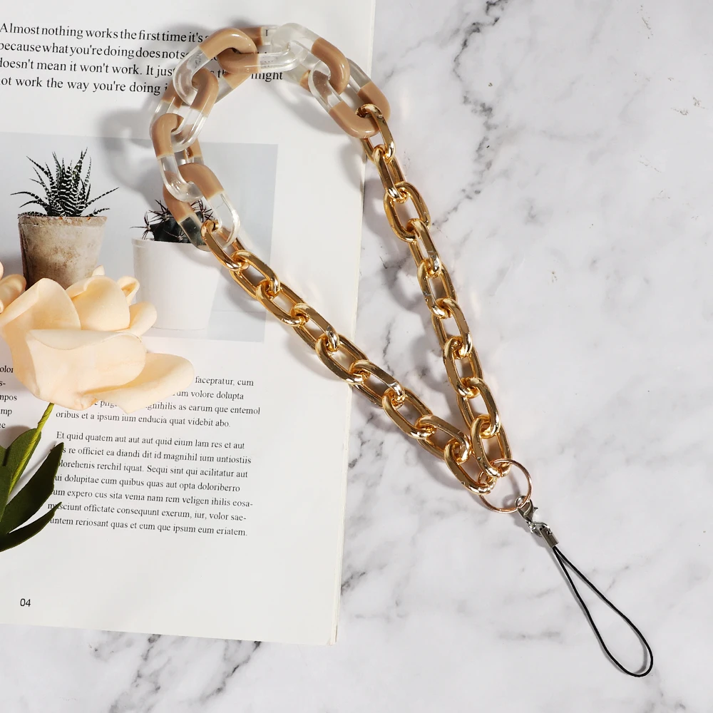 Acrylic gold link phone bead chain hippie phone straps lanyard charm hang phone bracelet chain