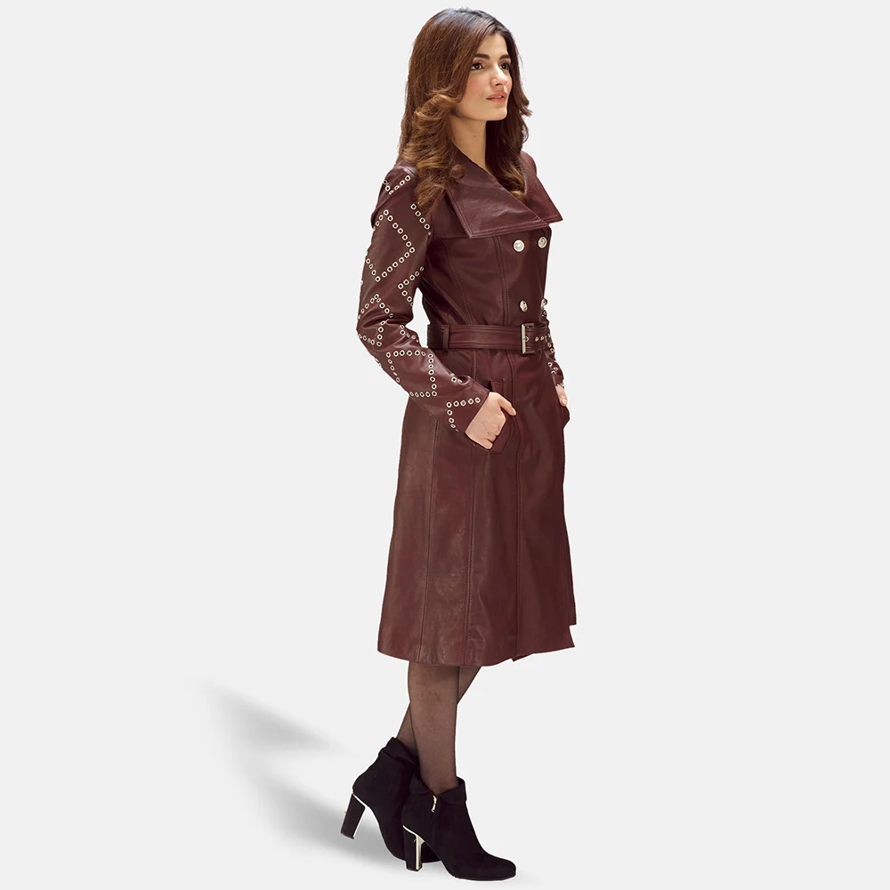 
Wholesale High Quality Red Long Overcoat Leather Coats Women 