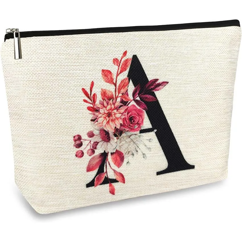 Customizable cheap Creative letter pattern makeup brush storage bag linen waterproof zipper ladies cosmetic bag