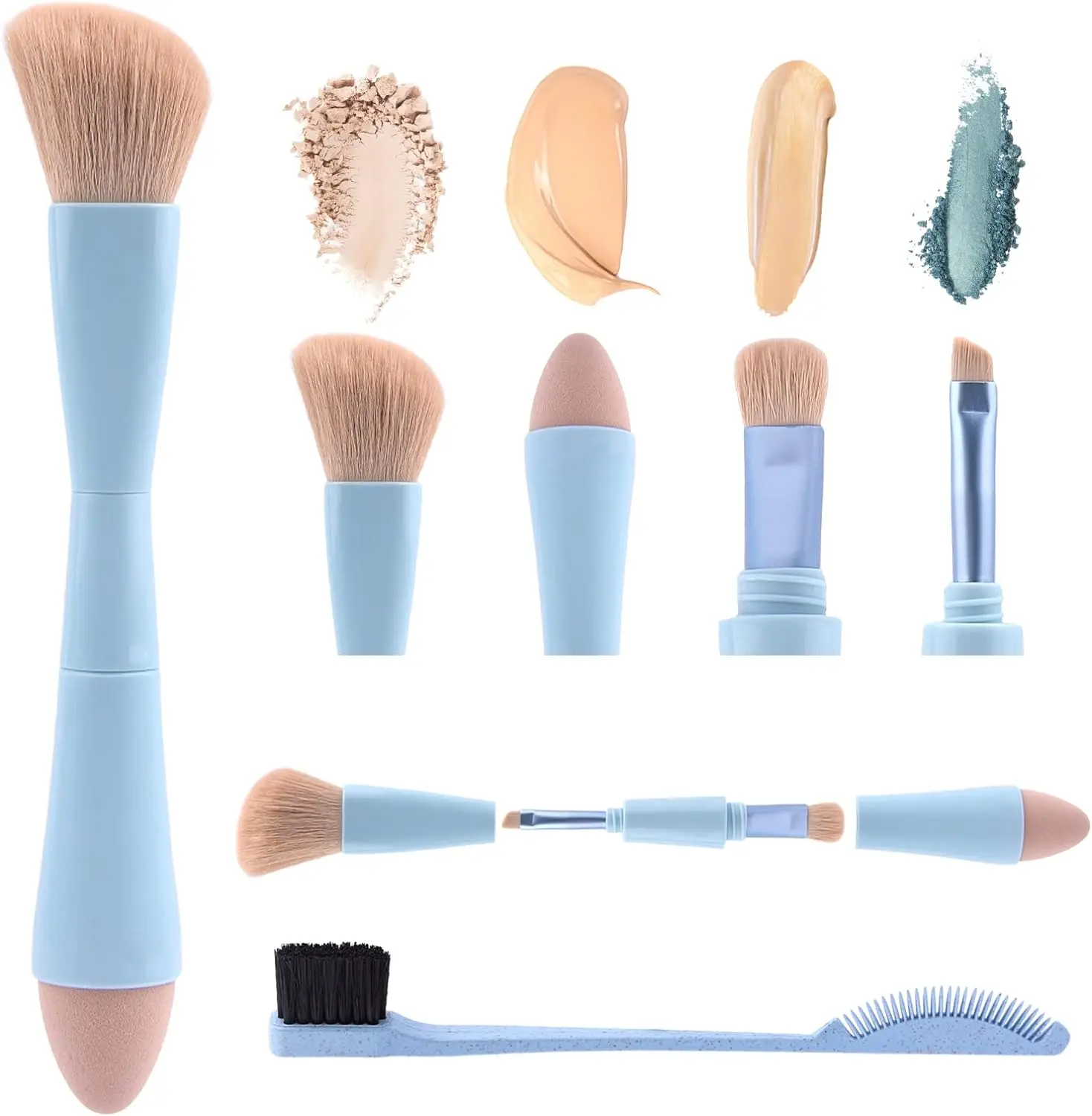 Blue 4 in 1 Makeup Brush Double Head Travel Cosmetic Brush Eyebrow Brush
