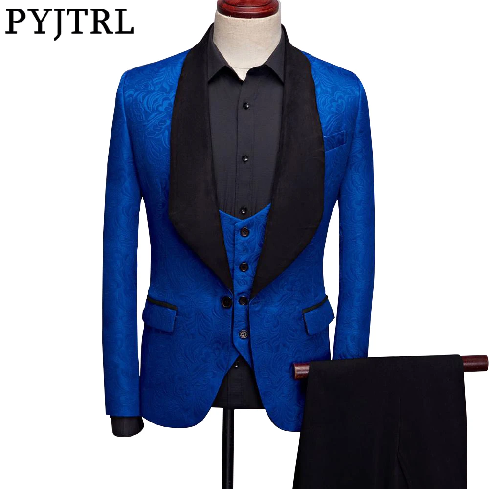 
Mens Fashion Big Shawl Lapel 3 Pieces Set Pink Red Blue White Black Wedding Groom Suits Quality Jacquard Banquet Tuxedo 