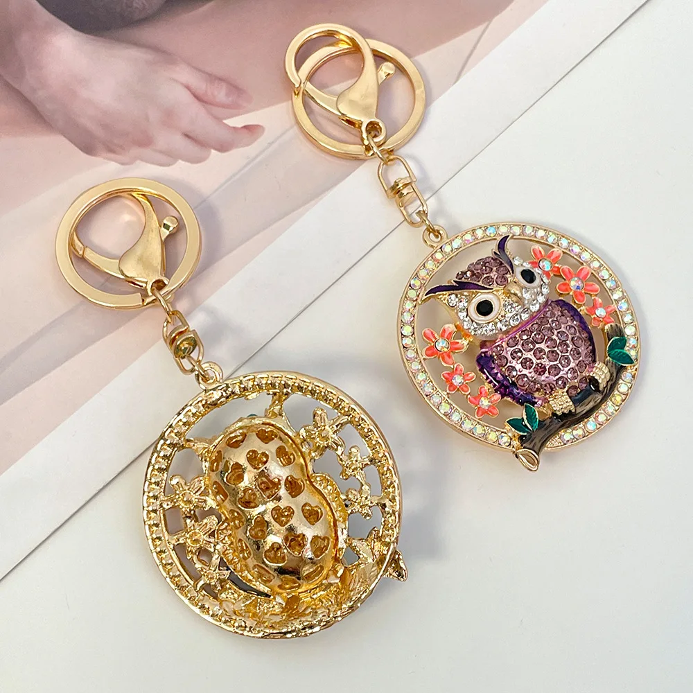 Wholesale Accessory Gold Animal Owl Shaped Key Ring Colorful Rhinestone Owl Key Holder Chain For Gift