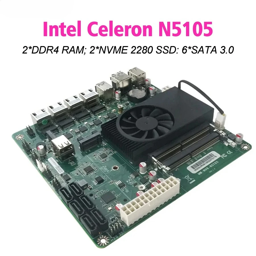 NAS Motherboard Celeron N5105 Mini ITX Industrial 17x17CM Intel i226-V 2.5Gbps 4*LAN 2*M.2 NVMe 6*SATA3.0 Soft Routing Mainboard