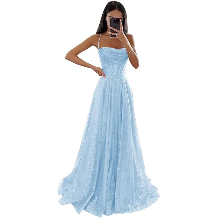 Designer Glitter Tulle Prom Dresses 2024 Long A Line Cowl Neck ELegant Formal Party Evening Gowns for Women with Slit