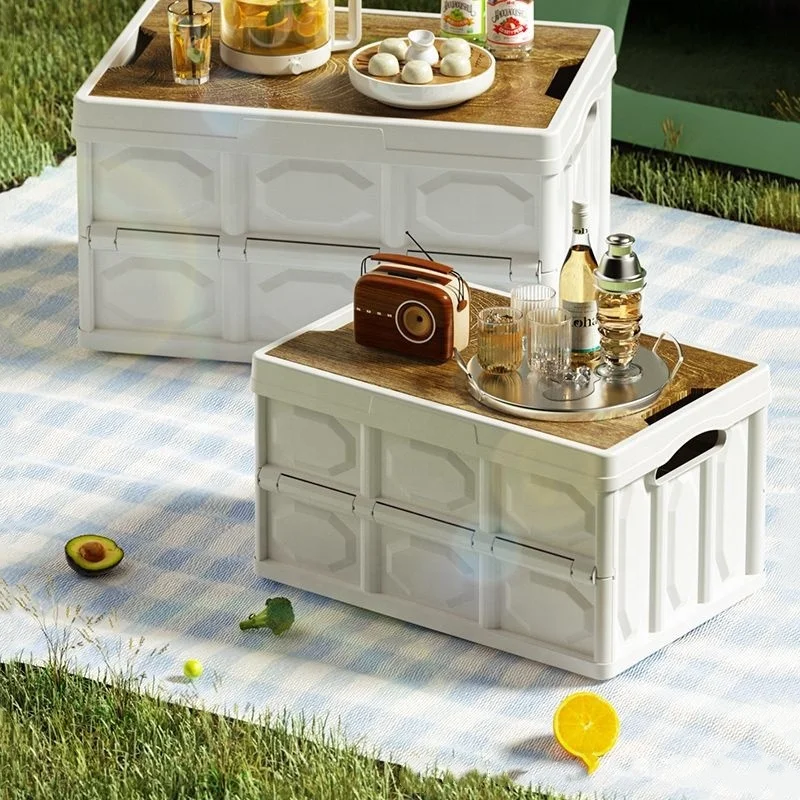 Outdoor 30L 50L Car Luggage Foldable Grocery Storage Basket Folding Wooden Lid Camping Box