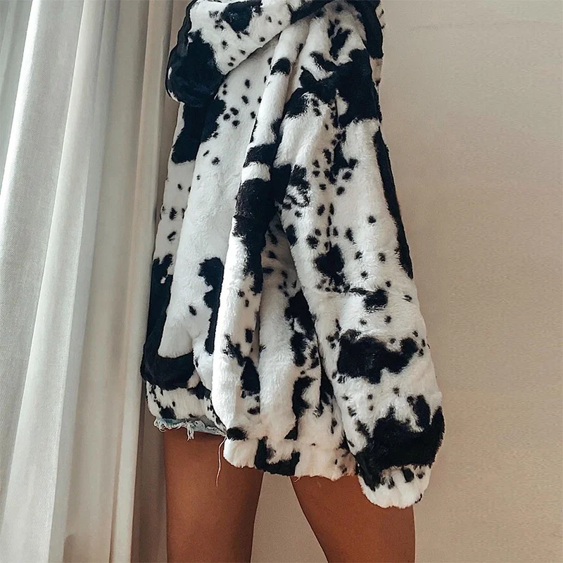 
New Arrival winter black and white cow pattern Hooded rabbit fur cardigan sweater fur coats for woman trendy 