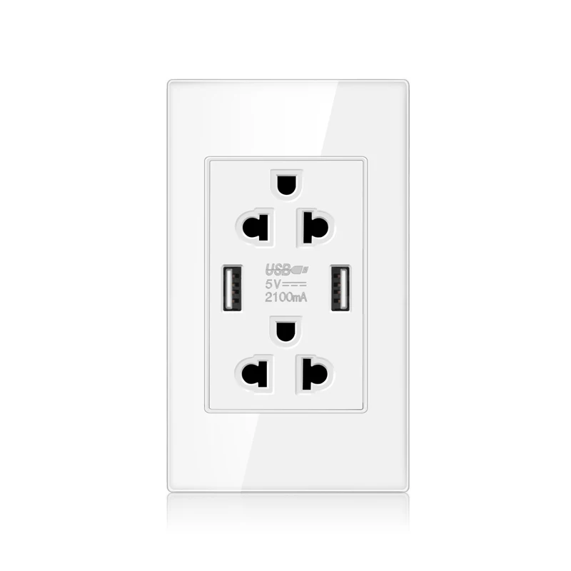 Professional switch factory crystal glass panel US dual 3-wall sockets with dual USB sockets
