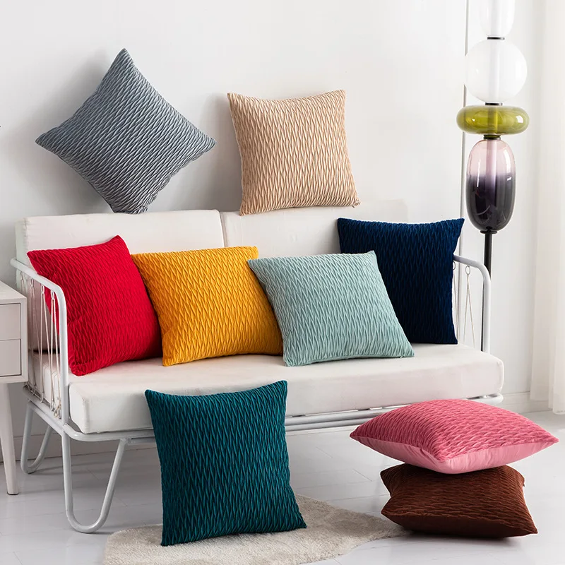 Modern Solid Color Scissors Wave Striped Pillow Case Home Decorative Embossed Pleated Velvet Cushion Cover