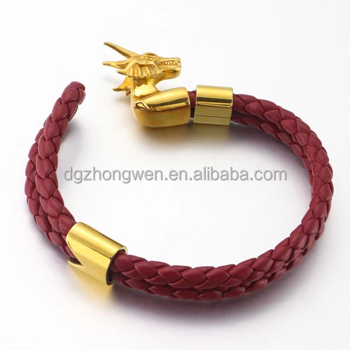High Grade Dragon Head Punk Style Stainless Steel 18K Gold Plated Clasp Braided Leather Bracelet for Men