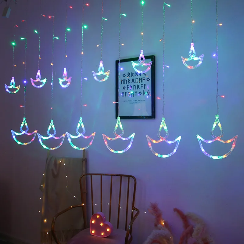 Waterfall Colorful LED window DIYA Diwali string light Indian boat Anchor curtain Diwali festival light