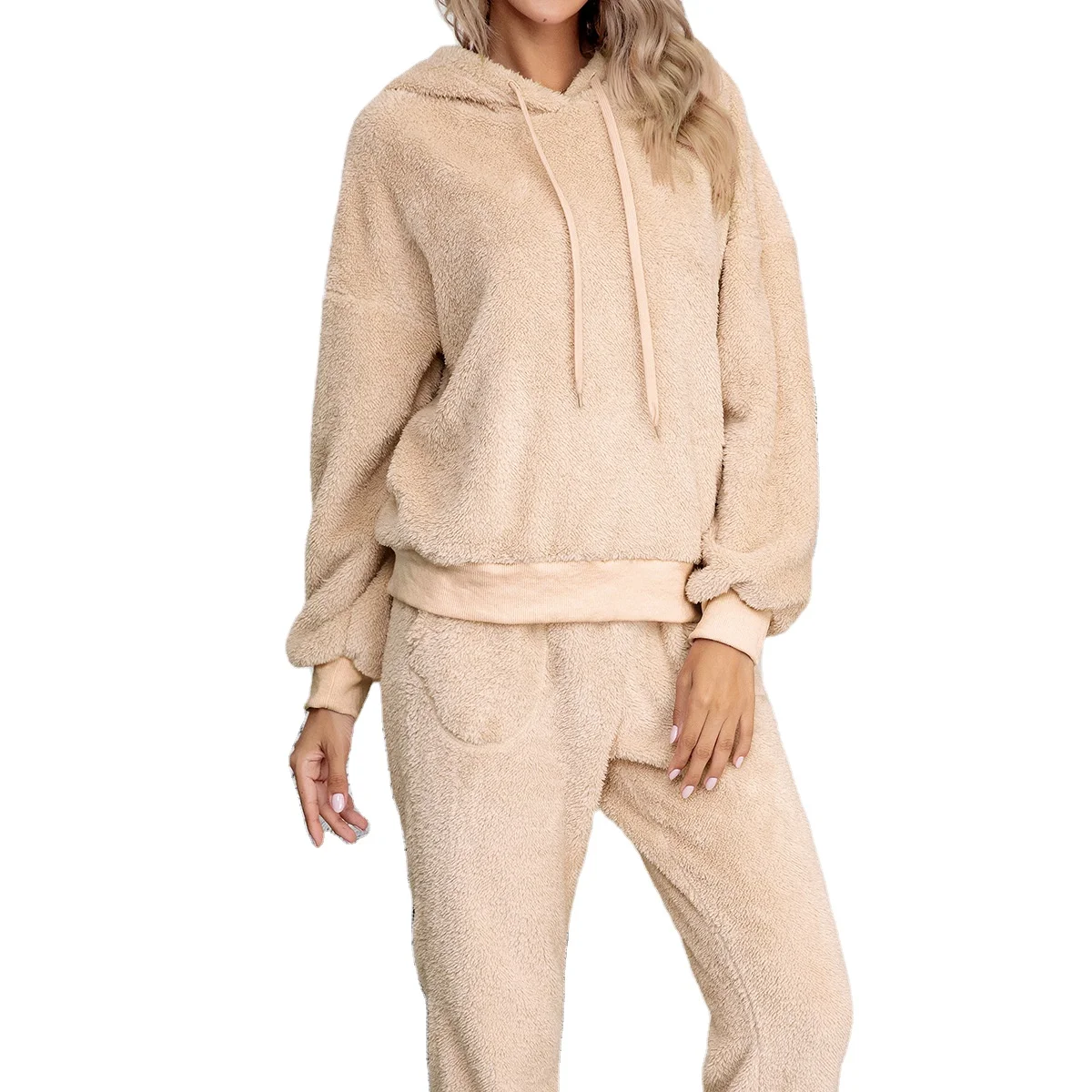 Women Fleece Casual 2 Pcs Set Solid Color Tracksuit Pajama Two Piece Set Hoodies Womans Set Winter