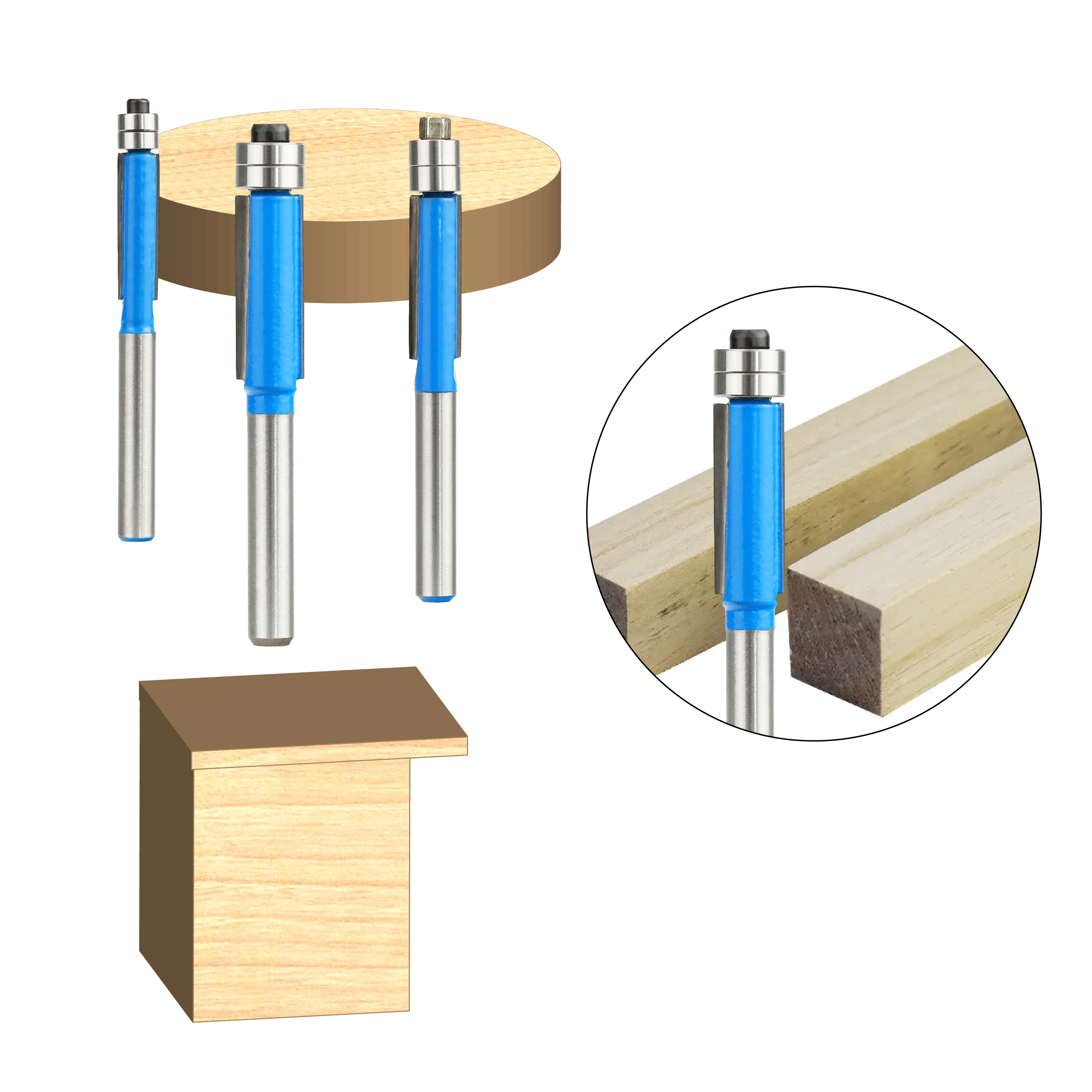 3PC 6mm SHANK Flush Trim Bit with Two Bearing Mill Wood Cutter Solid Carbide Pattern Router Bit set for Carpenter