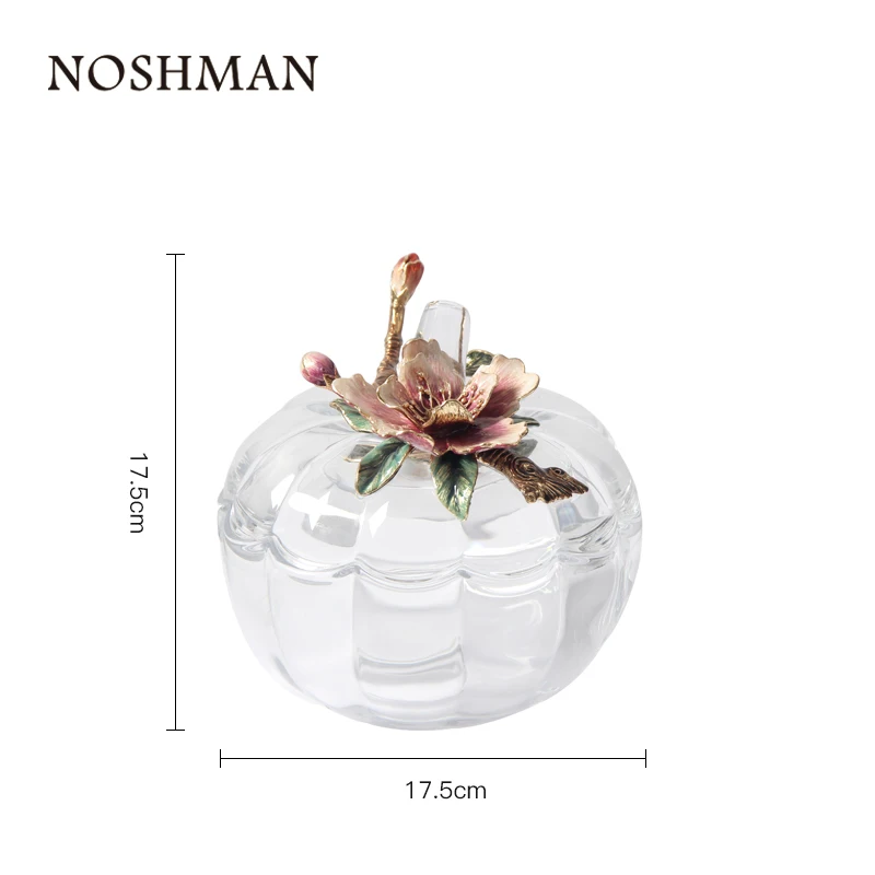 NOSHMAN Wholesale Best Gift Handmade painted Flower Lid Household Goods Sugar Nut Bowl Enamel Crystal Glass Candy Jar