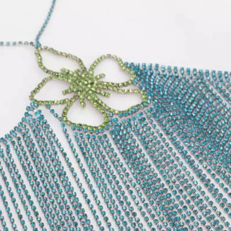 Sexy Rhinestone Flower Bra Chain Blue Tassel Body Chain Fashion Halter Chest Bralette Ladies Bling Crystal Lingerie Nightclub