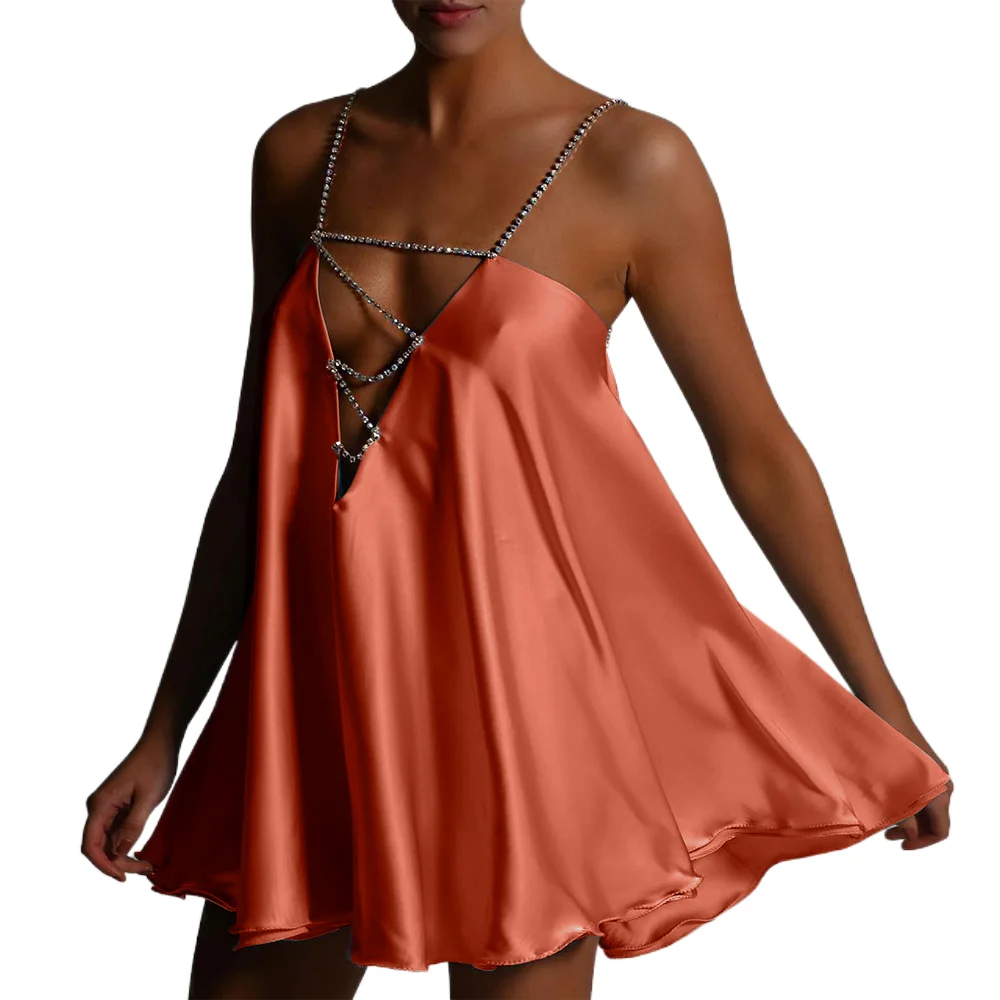 Sage Green Rhinestone Double Layer Hollow Out V Neck Lotus Leaf Pendulum Slip Satin Loose Casual Dress